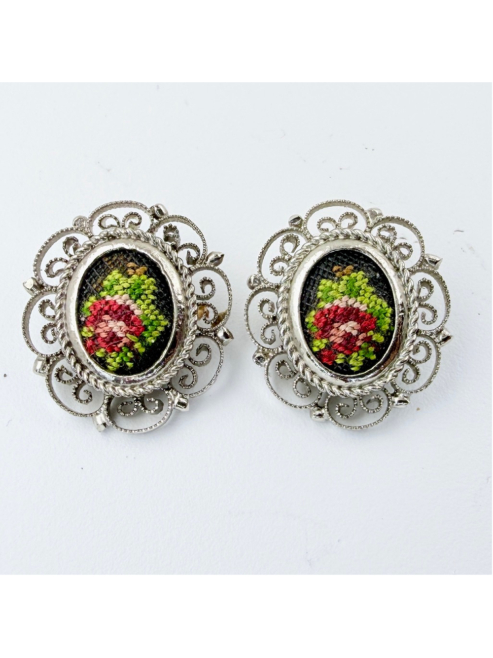 Vintage Austrian Petit Point Clip On Earrings, Floral Needlepoint Rose, Silver - Picture 3 of 7